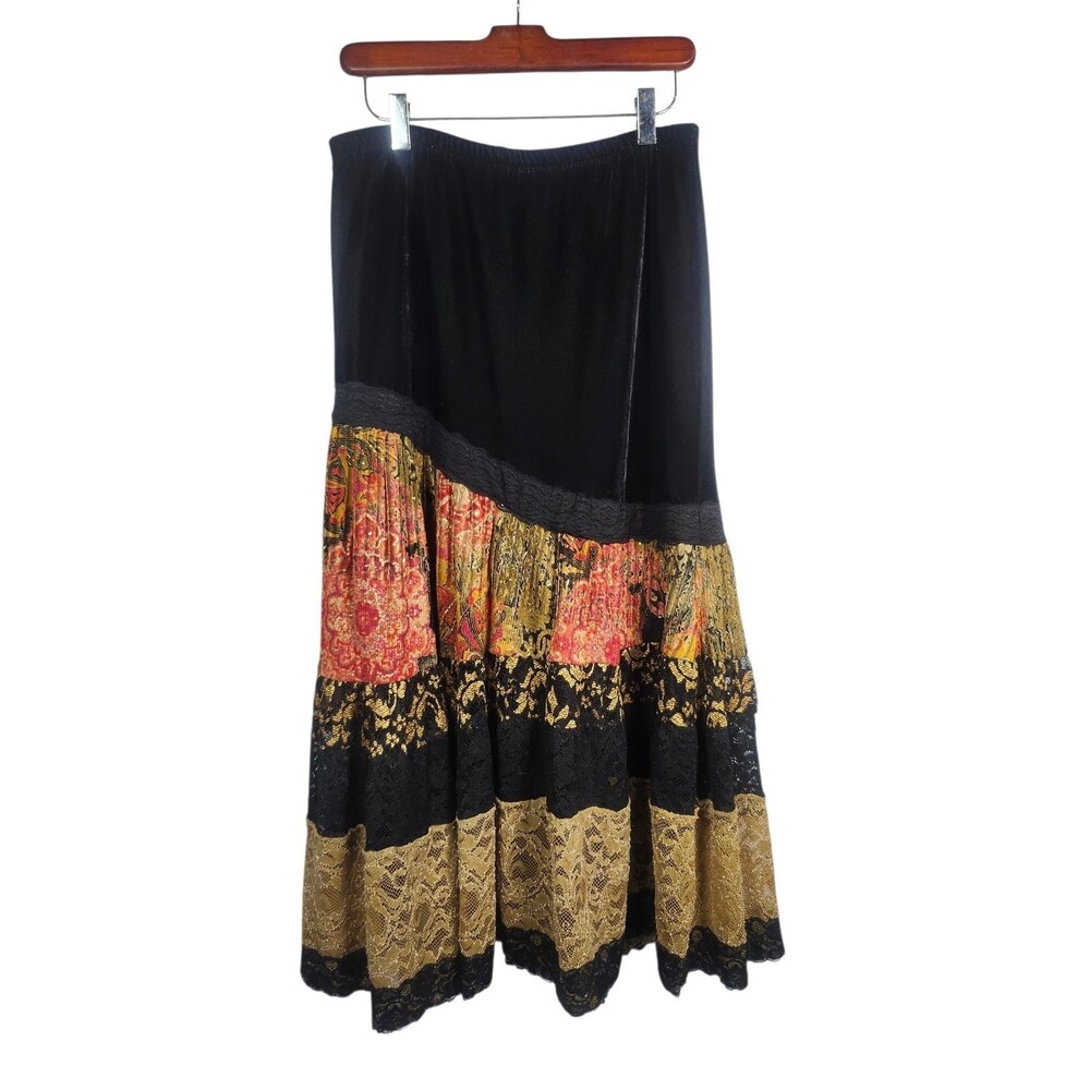Coldwater Creek‎ Women's Black Velvet Boho Patchwork Maxi Skirt Festival Sz PS